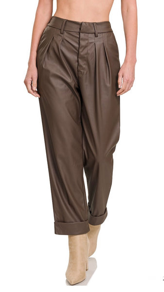 "Brown Suga" Leather Pleat Frt Pants