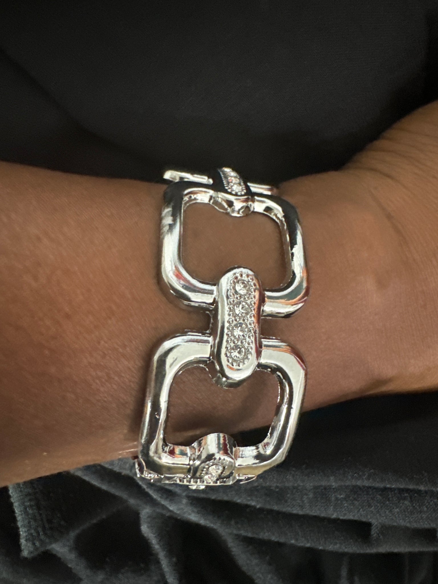 Silver square link bracelet with a Bling