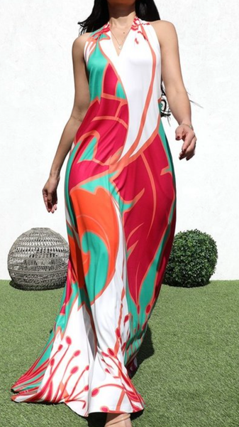 Long Dress Tropical Halter Neck Low Back Backless Maxi Dress